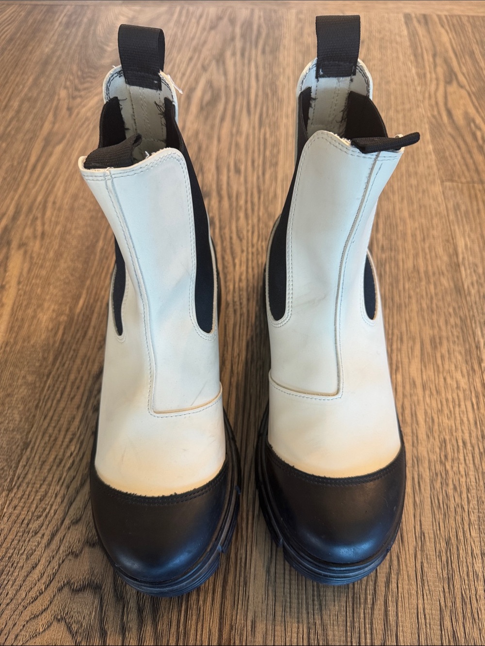 Ganni Two-Tone Chelsea Ankle Boots in Cream & Black